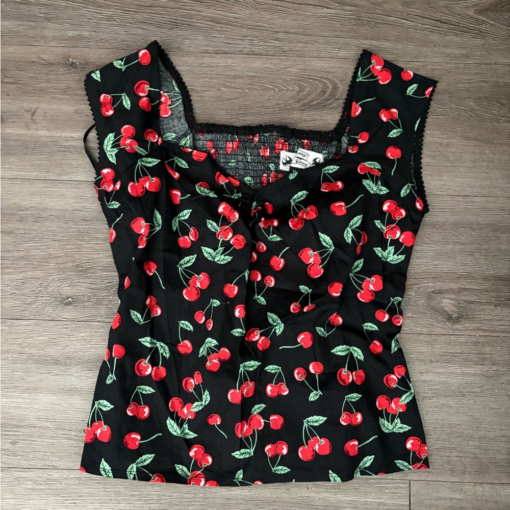 Hell Bunny Cherry Print Black Top